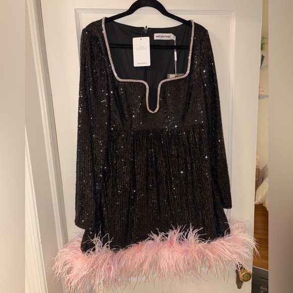 NWT Self-Portrait Black Feather-Trim Sequined Mini Dress Black Pink Size 12 - Picture 3 of 10